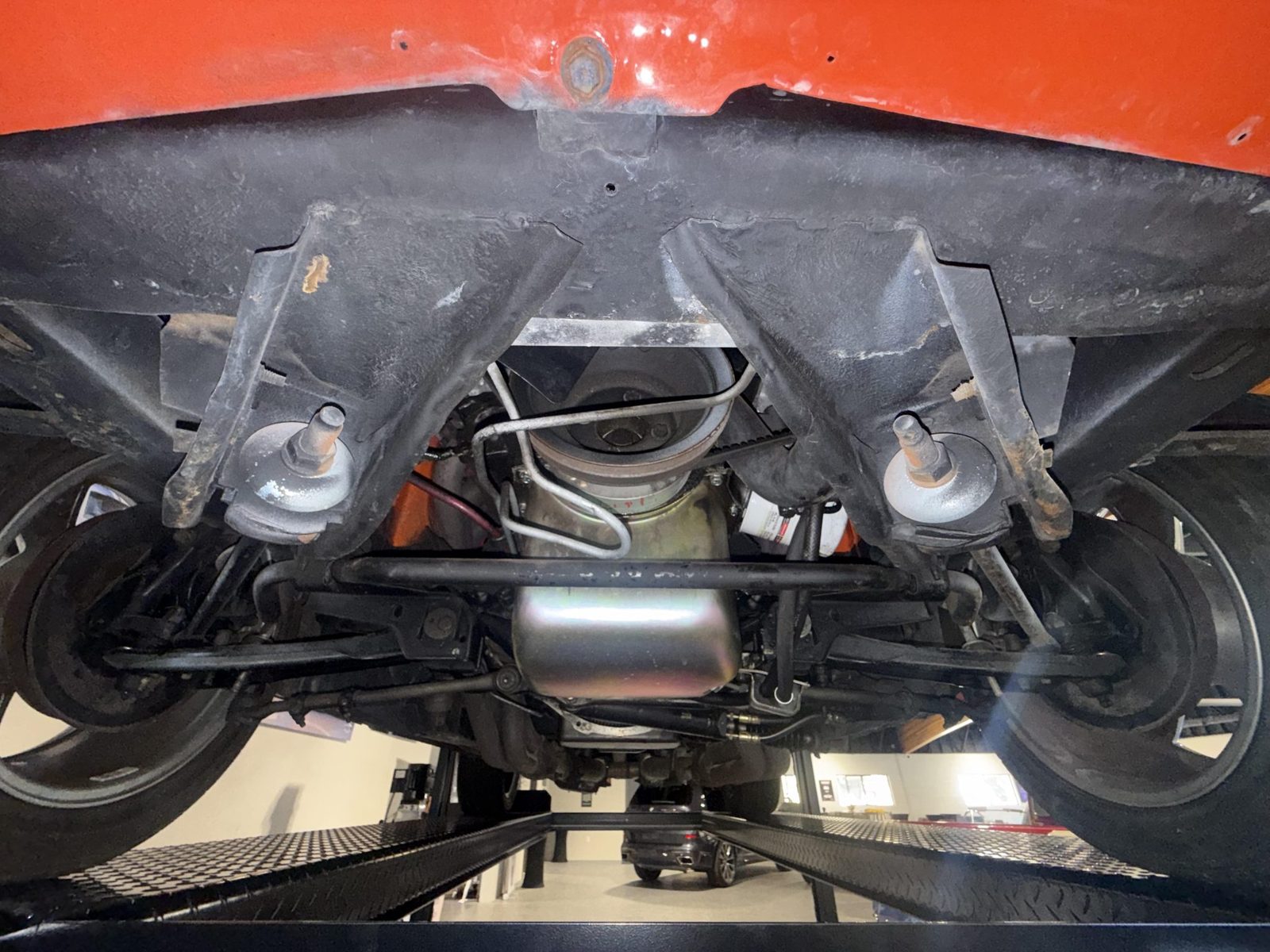 1970 Mach 1 undercarriage on a lift